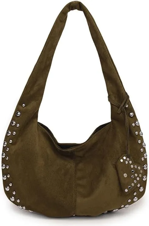 Y2K Studded Suede Hobo Shoulder Bag Burgundy Vintage 2000s Style Vegan Leather Handbag for Fall
