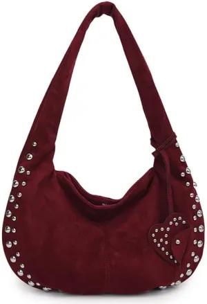 Y2K Studded Suede Hobo Shoulder Bag Burgundy Vintage 2000s Style Vegan Leather Handbag for Fall