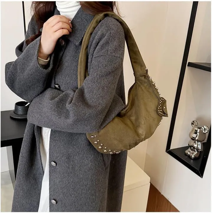 Y2K Studded Suede Hobo Shoulder Bag Burgundy Vintage 2000s Style Vegan Leather Handbag for Fall