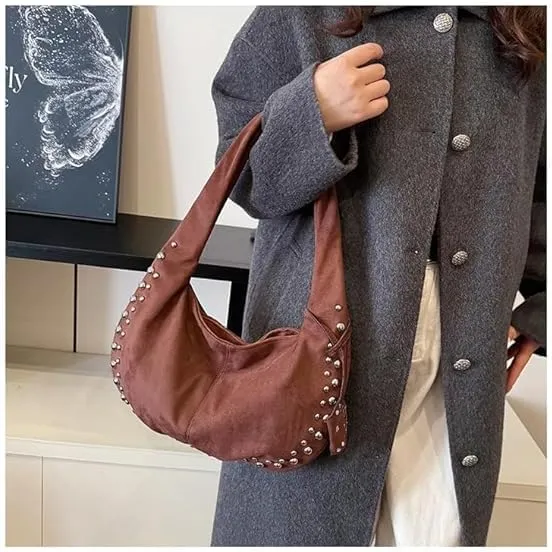 Y2K Studded Suede Hobo Shoulder Bag Burgundy Vintage 2000s Style Vegan Leather Handbag for Fall