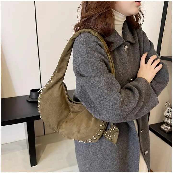 Y2K Studded Suede Hobo Shoulder Bag Burgundy Vintage 2000s Style Vegan Leather Handbag for Fall