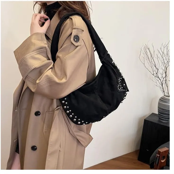 Y2K Studded Suede Hobo Shoulder Bag Burgundy Vintage 2000s Style Vegan Leather Handbag for Fall