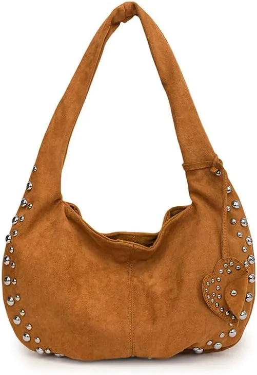 Y2K Studded Suede Hobo Shoulder Bag Burgundy Vintage 2000s Style Vegan Leather Handbag for Fall