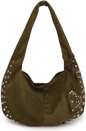 Y2K Studded Suede Hobo Shoulder Bag Burgundy Vintage 2000s Style Vegan Leather Handbag for Fall