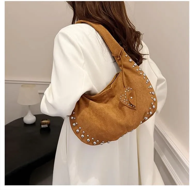Y2K Studded Suede Hobo Shoulder Bag Burgundy Vintage 2000s Style Vegan Leather Handbag for Fall