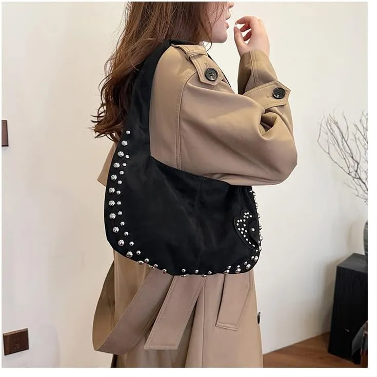 Y2K Studded Suede Hobo Shoulder Bag Burgundy Vintage 2000s Style Vegan Leather Handbag for Fall