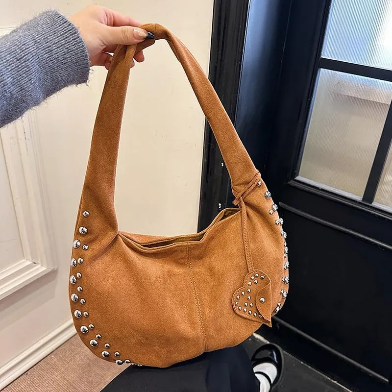 Y2K Studded Suede Hobo Shoulder Bag Burgundy Vintage 2000s Style Vegan Leather Handbag for Fall