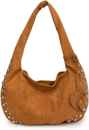 Y2K Studded Suede Hobo Shoulder Bag Burgundy Vintage 2000s Style Vegan Leather Handbag for Fall
