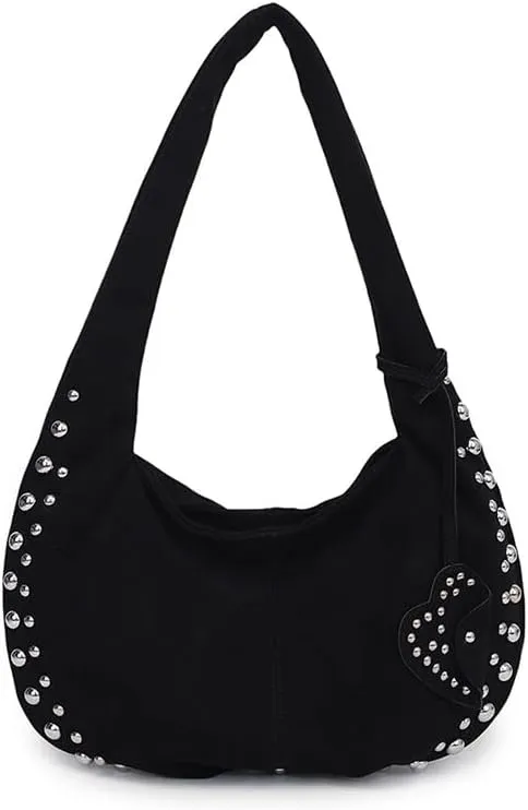 Y2K Studded Suede Hobo Shoulder Bag Burgundy Vintage 2000s Style Vegan Leather Handbag for Fall