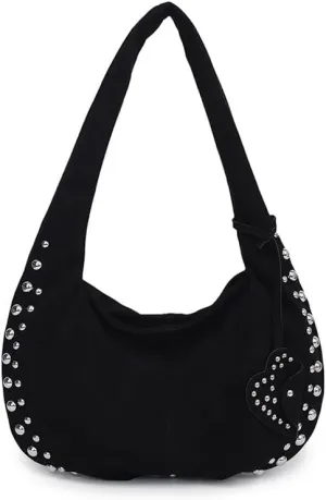 Y2K Studded Suede Hobo Shoulder Bag Burgundy Vintage 2000s Style Vegan Leather Handbag for Fall