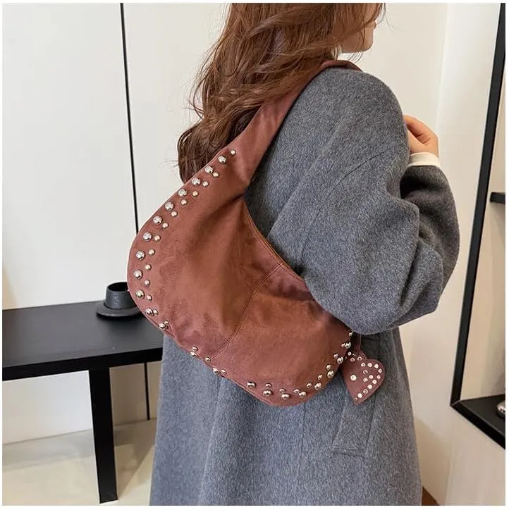 Y2K Studded Suede Hobo Shoulder Bag Burgundy Vintage 2000s Style Vegan Leather Handbag for Fall
