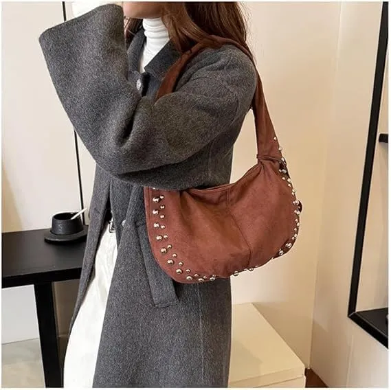 Y2K Studded Suede Hobo Shoulder Bag Burgundy Vintage 2000s Style Vegan Leather Handbag for Fall