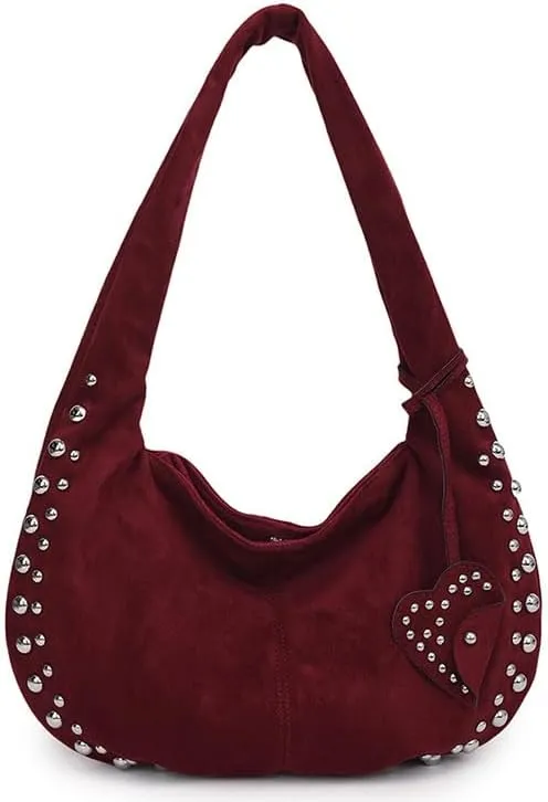 Y2K Studded Suede Hobo Shoulder Bag Burgundy Vintage 2000s Style Vegan Leather Handbag for Fall