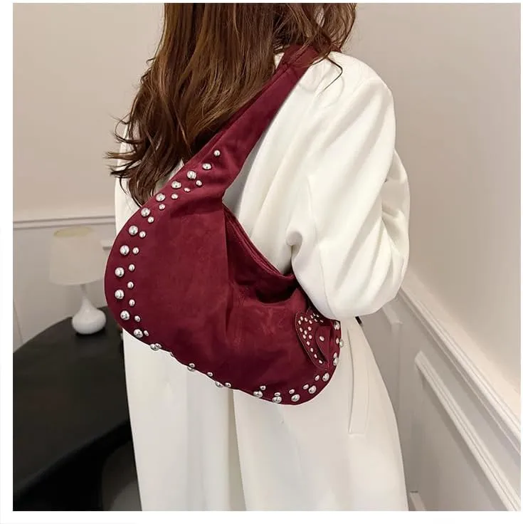 Y2K Studded Suede Hobo Shoulder Bag Burgundy Vintage 2000s Style Vegan Leather Handbag for Fall