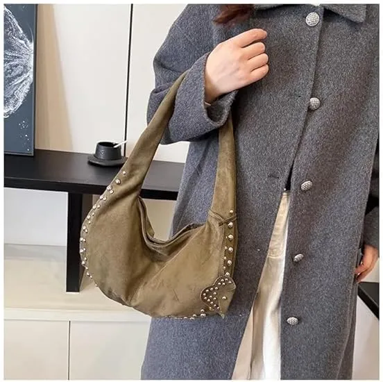 Y2K Studded Suede Hobo Shoulder Bag Burgundy Vintage 2000s Style Vegan Leather Handbag for Fall