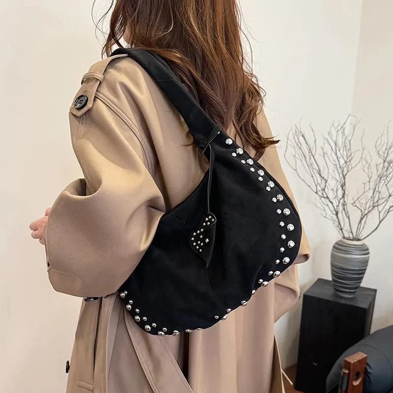 Y2K Studded Suede Hobo Shoulder Bag Burgundy Vintage 2000s Style Vegan Leather Handbag for Fall