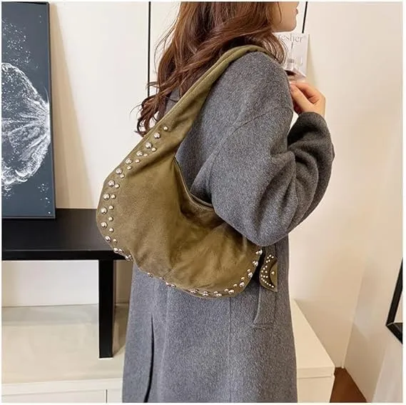 Y2K Studded Suede Hobo Shoulder Bag Burgundy Vintage 2000s Style Vegan Leather Handbag for Fall