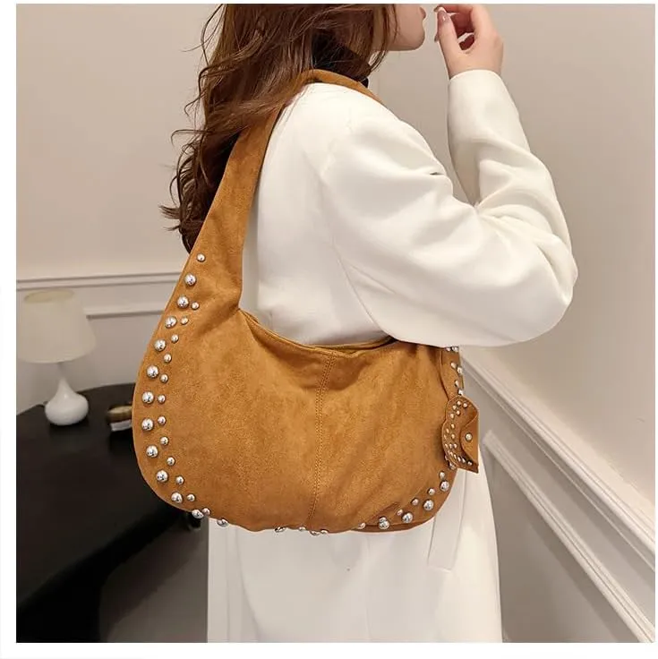 Y2K Studded Suede Hobo Shoulder Bag Burgundy Vintage 2000s Style Vegan Leather Handbag for Fall