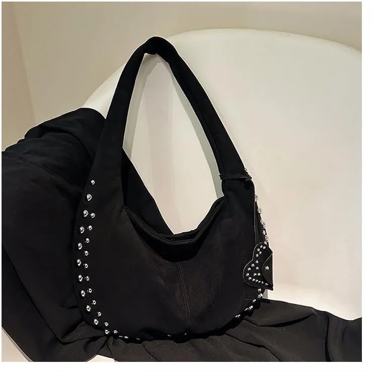 Y2K Studded Suede Hobo Shoulder Bag Burgundy Vintage 2000s Style Vegan Leather Handbag for Fall