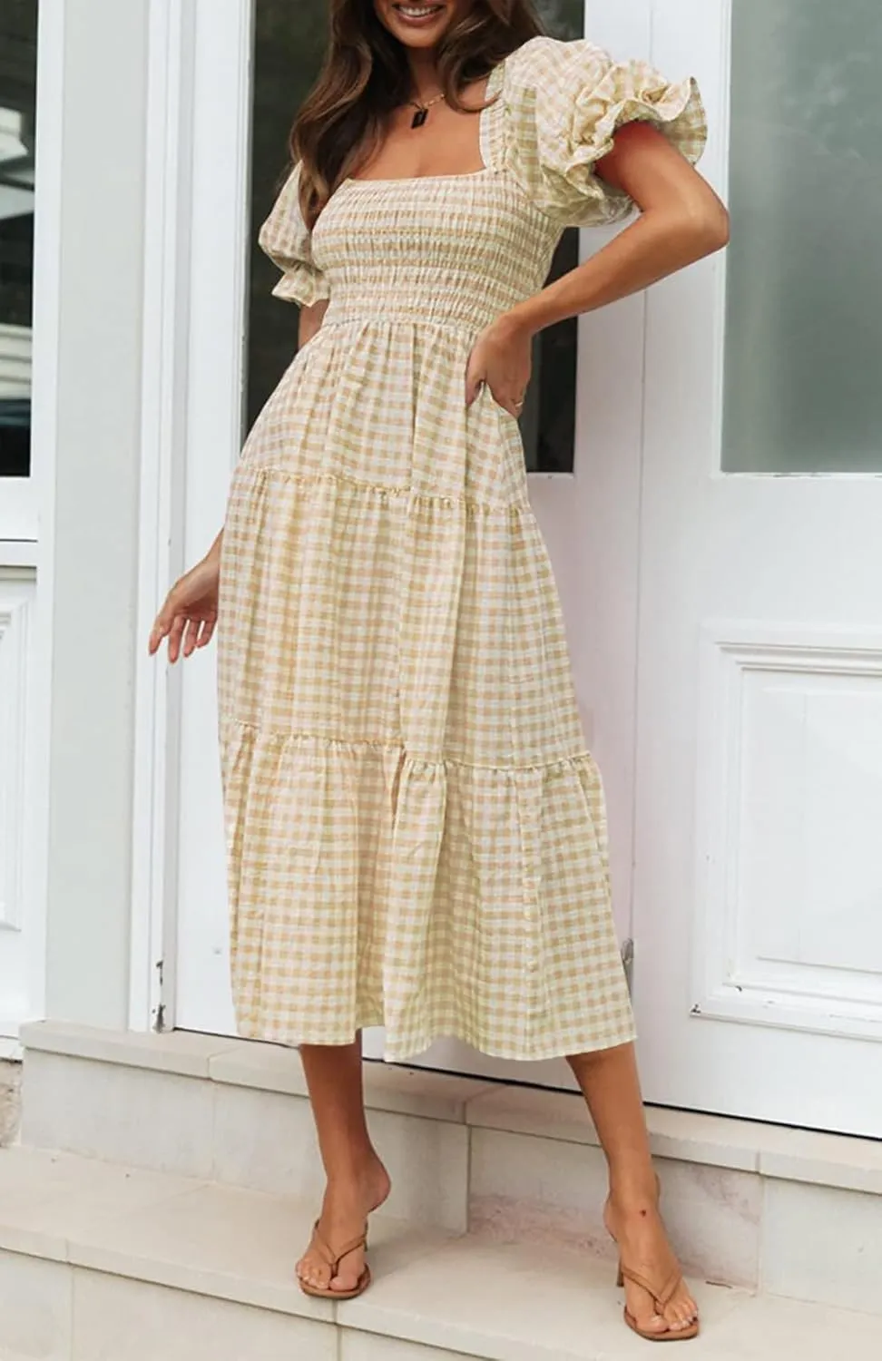ZESICA Women's 2025 Bohemian Summer Plaid Square Neck Puff Sleeve Ruffle Flowy Beach Midi Dress