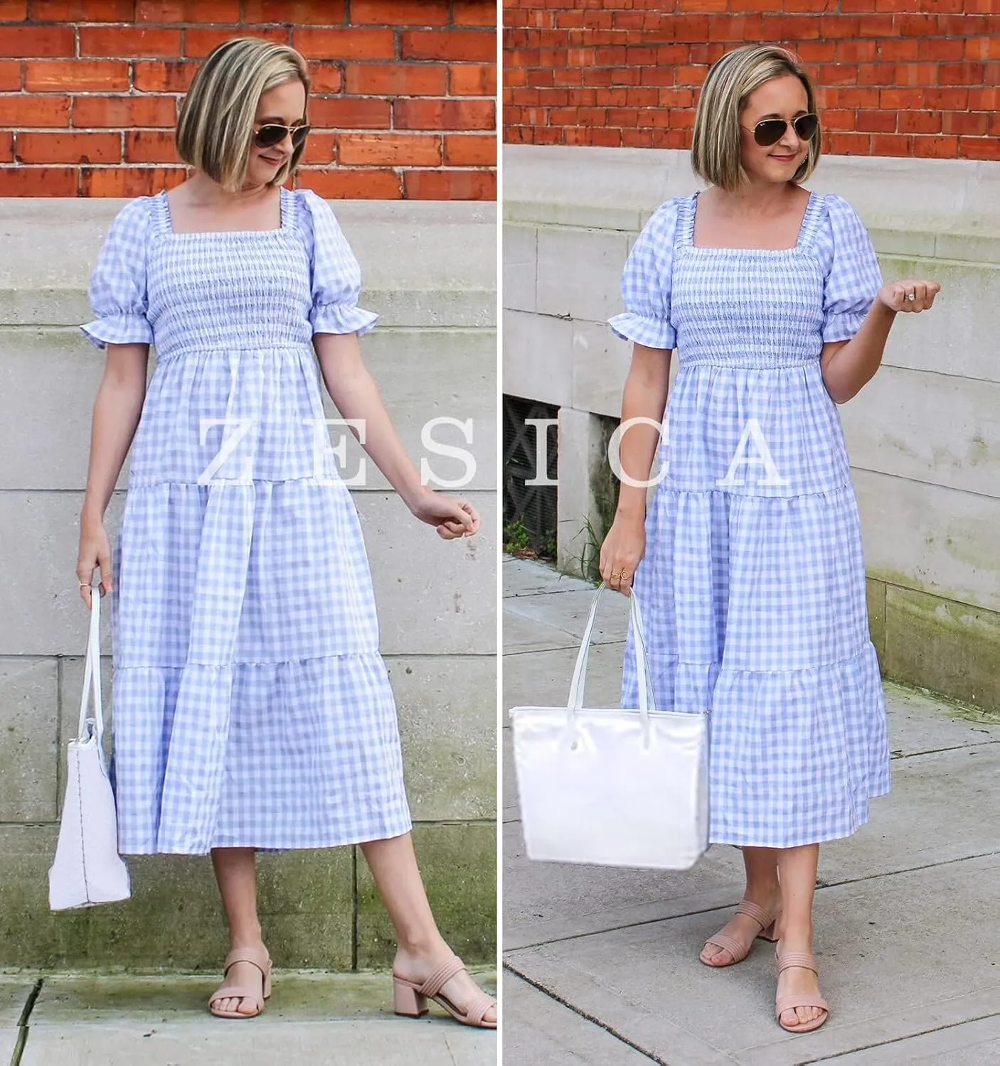 ZESICA Women's 2025 Bohemian Summer Plaid Square Neck Puff Sleeve Ruffle Flowy Beach Midi Dress