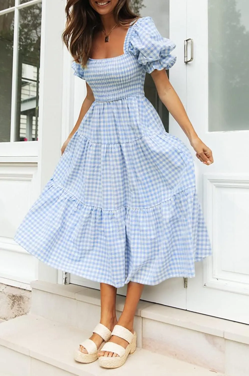 ZESICA Women's 2025 Bohemian Summer Plaid Square Neck Puff Sleeve Ruffle Flowy Beach Midi Dress