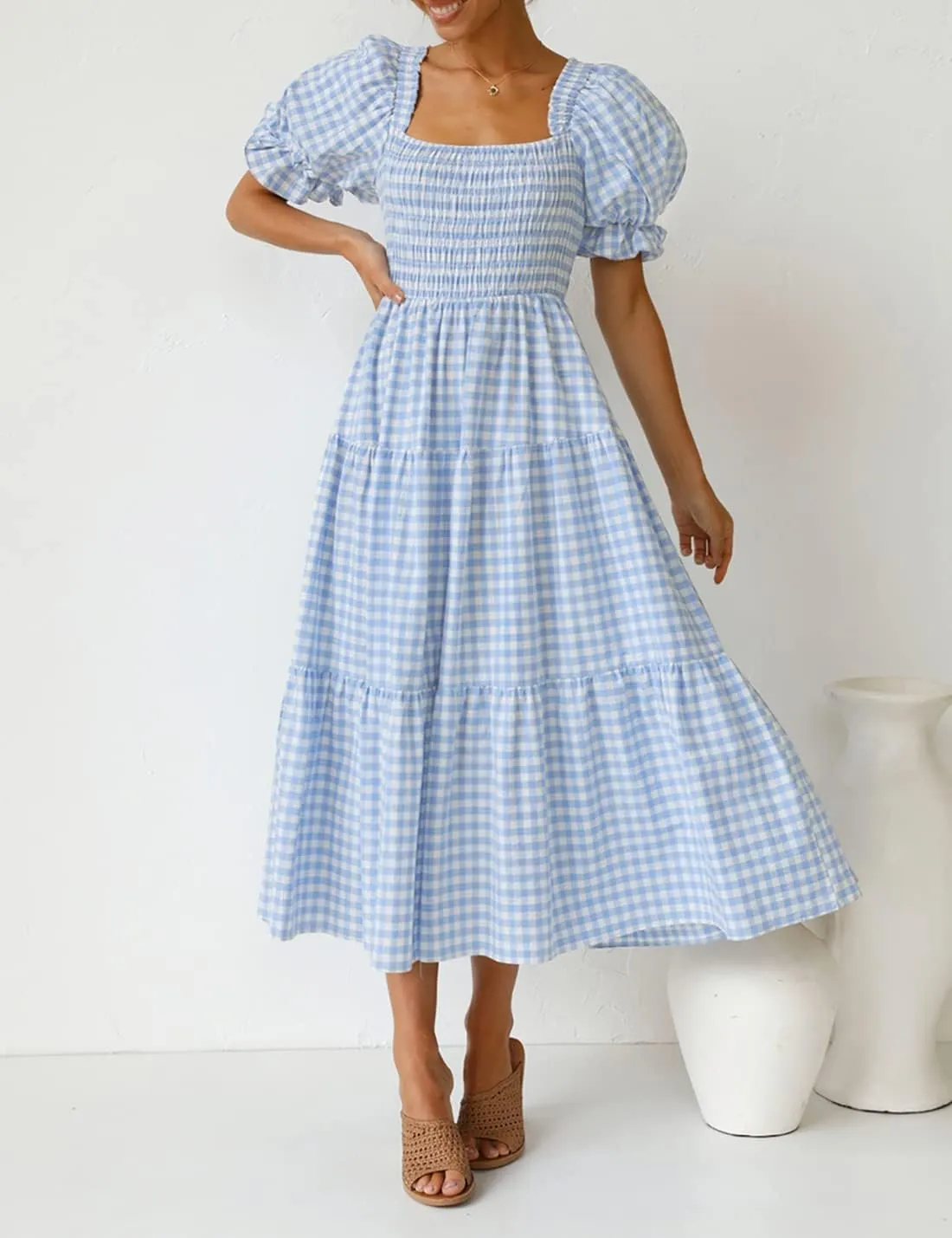 ZESICA Women's 2025 Bohemian Summer Plaid Square Neck Puff Sleeve Ruffle Flowy Beach Midi Dress