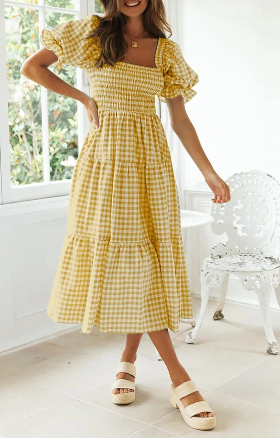 ZESICA Women's 2025 Bohemian Summer Plaid Square Neck Puff Sleeve Ruffle Flowy Beach Midi Dress