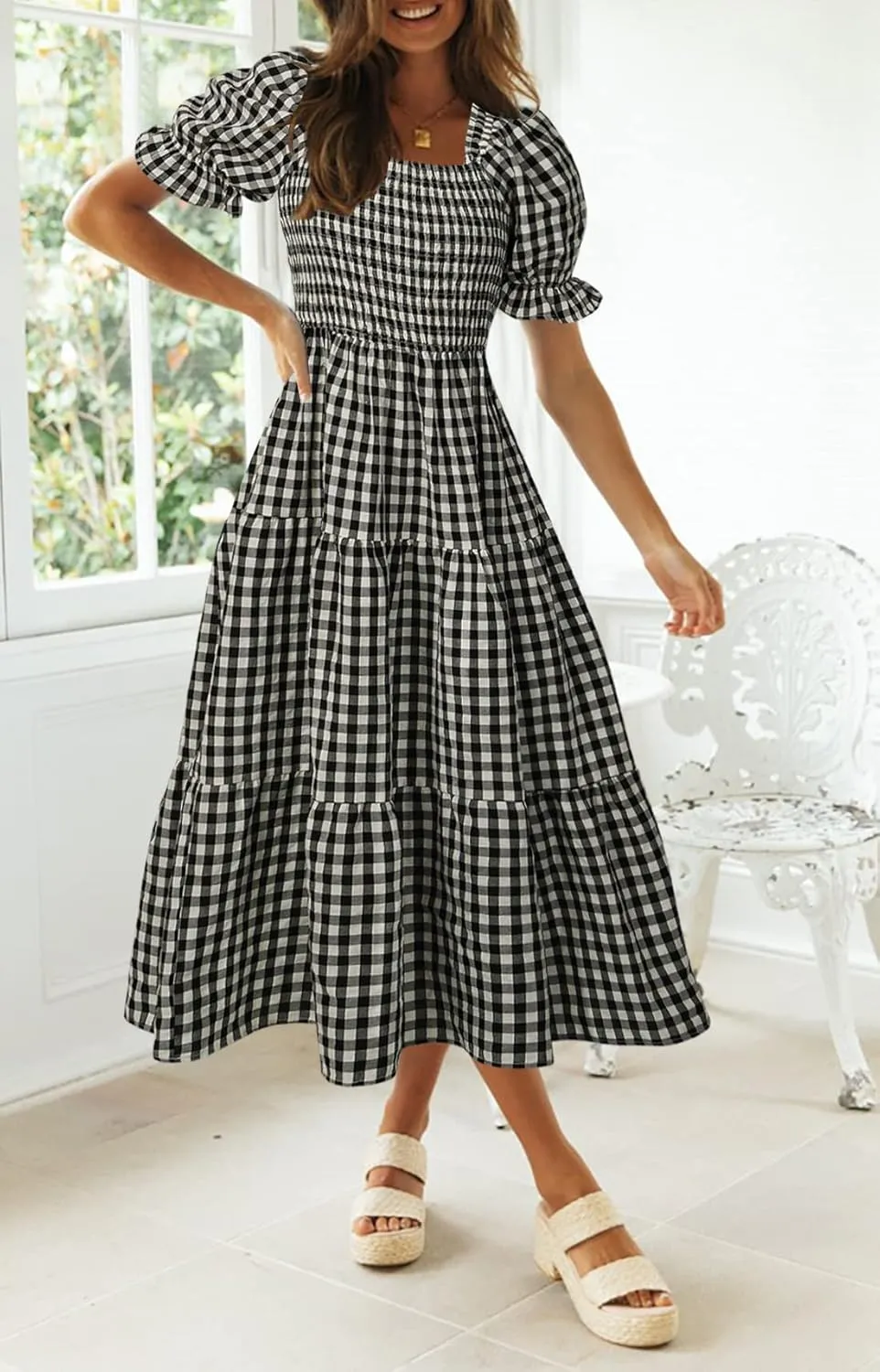 ZESICA Women's 2025 Bohemian Summer Plaid Square Neck Puff Sleeve Ruffle Flowy Beach Midi Dress