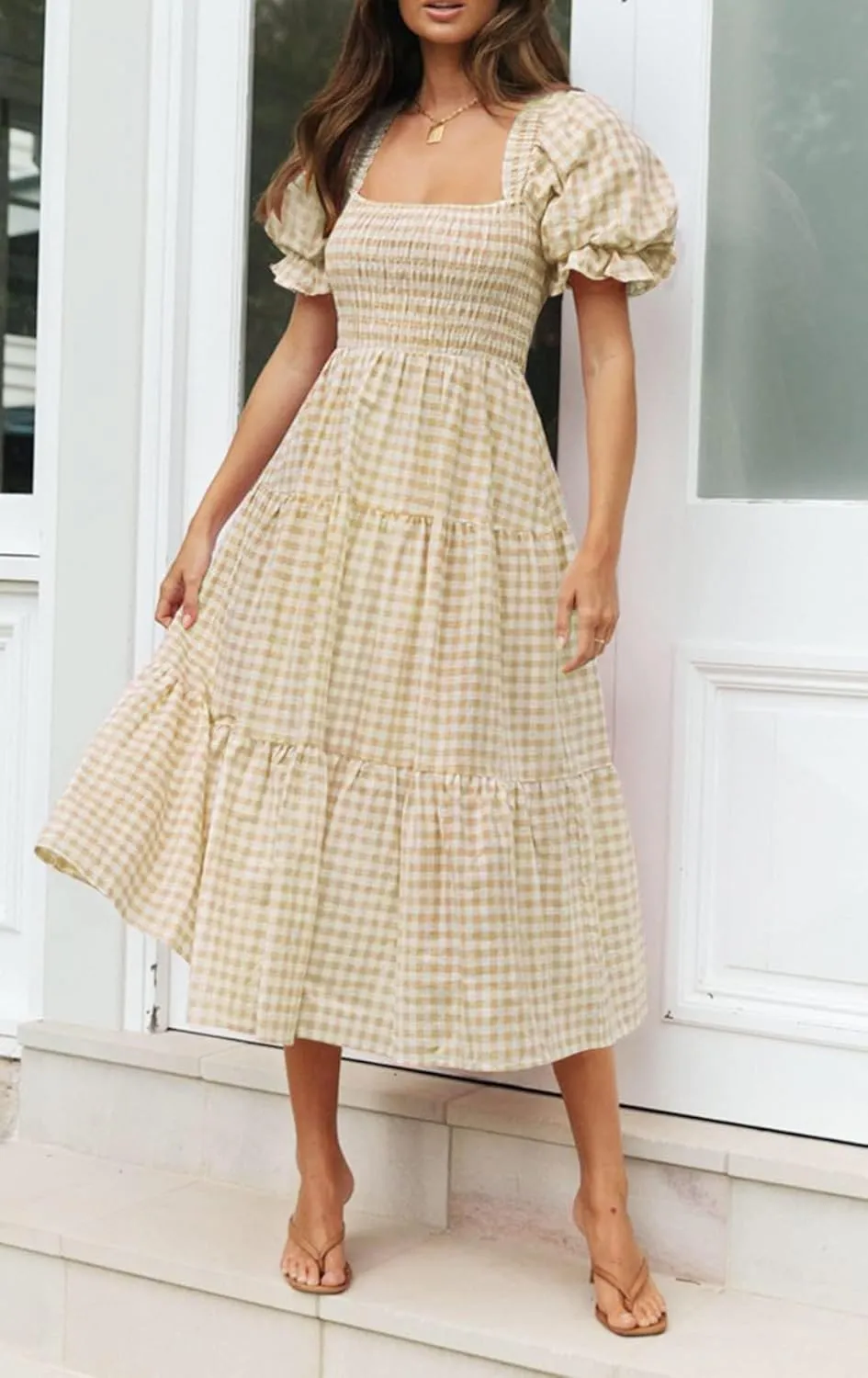 ZESICA Women's 2025 Bohemian Summer Plaid Square Neck Puff Sleeve Ruffle Flowy Beach Midi Dress