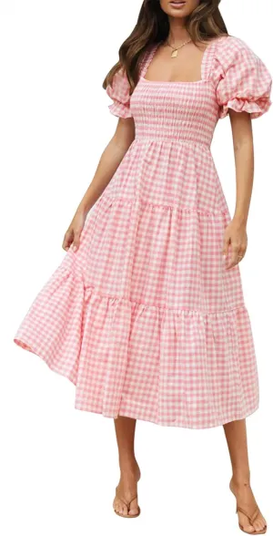 ZESICA Women's 2025 Bohemian Summer Plaid Square Neck Puff Sleeve Ruffle Flowy Beach Midi Dress