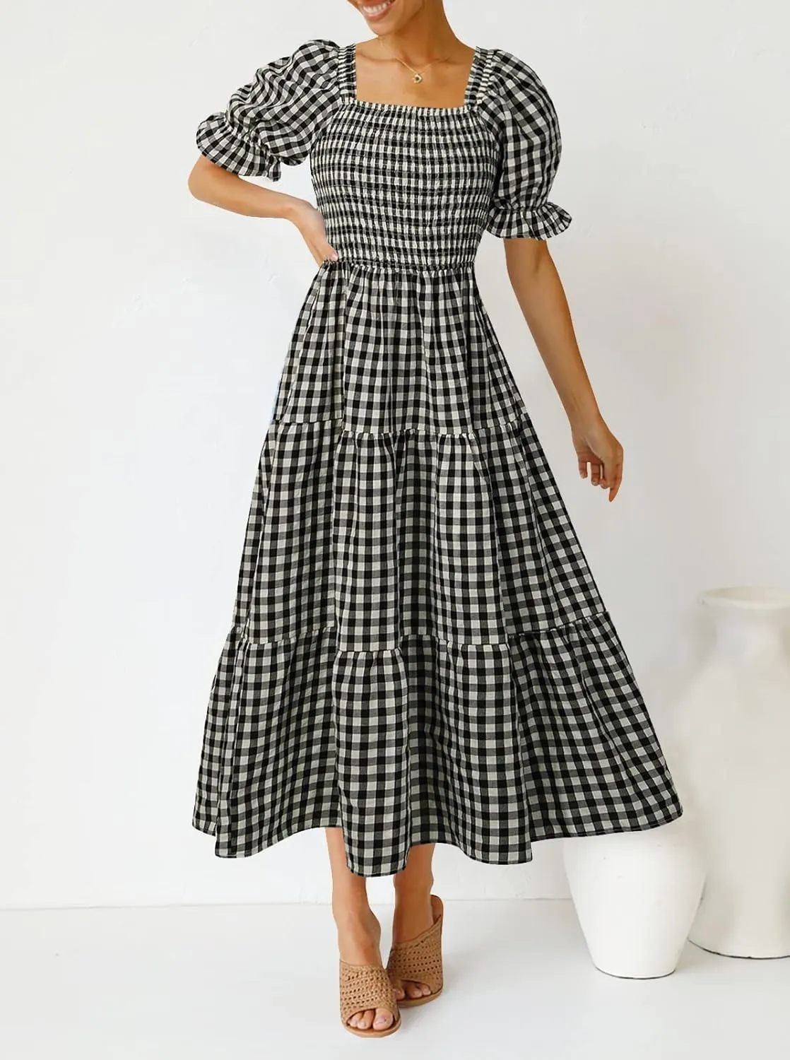 ZESICA Women's 2025 Bohemian Summer Plaid Square Neck Puff Sleeve Ruffle Flowy Beach Midi Dress