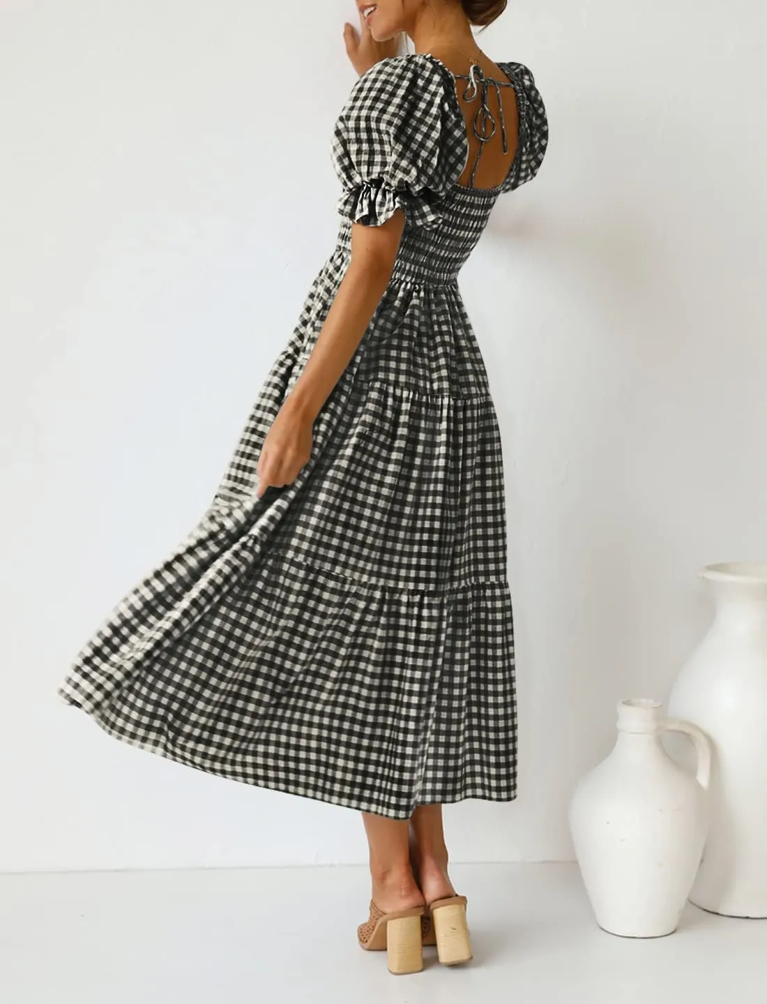 ZESICA Women's 2025 Bohemian Summer Plaid Square Neck Puff Sleeve Ruffle Flowy Beach Midi Dress