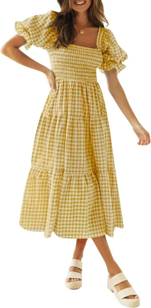ZESICA Women's 2025 Bohemian Summer Plaid Square Neck Puff Sleeve Ruffle Flowy Beach Midi Dress