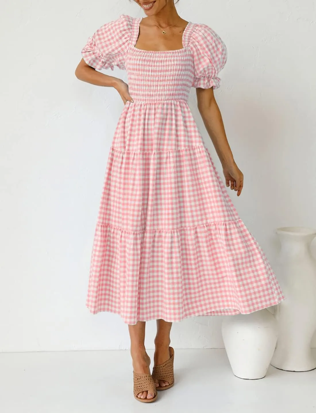 ZESICA Women's 2025 Bohemian Summer Plaid Square Neck Puff Sleeve Ruffle Flowy Beach Midi Dress
