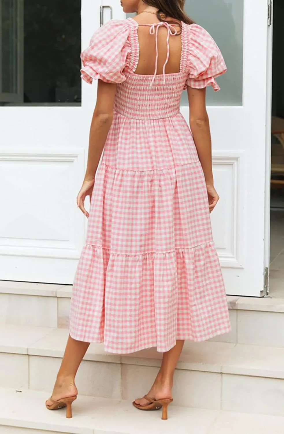 ZESICA Women's 2025 Bohemian Summer Plaid Square Neck Puff Sleeve Ruffle Flowy Beach Midi Dress