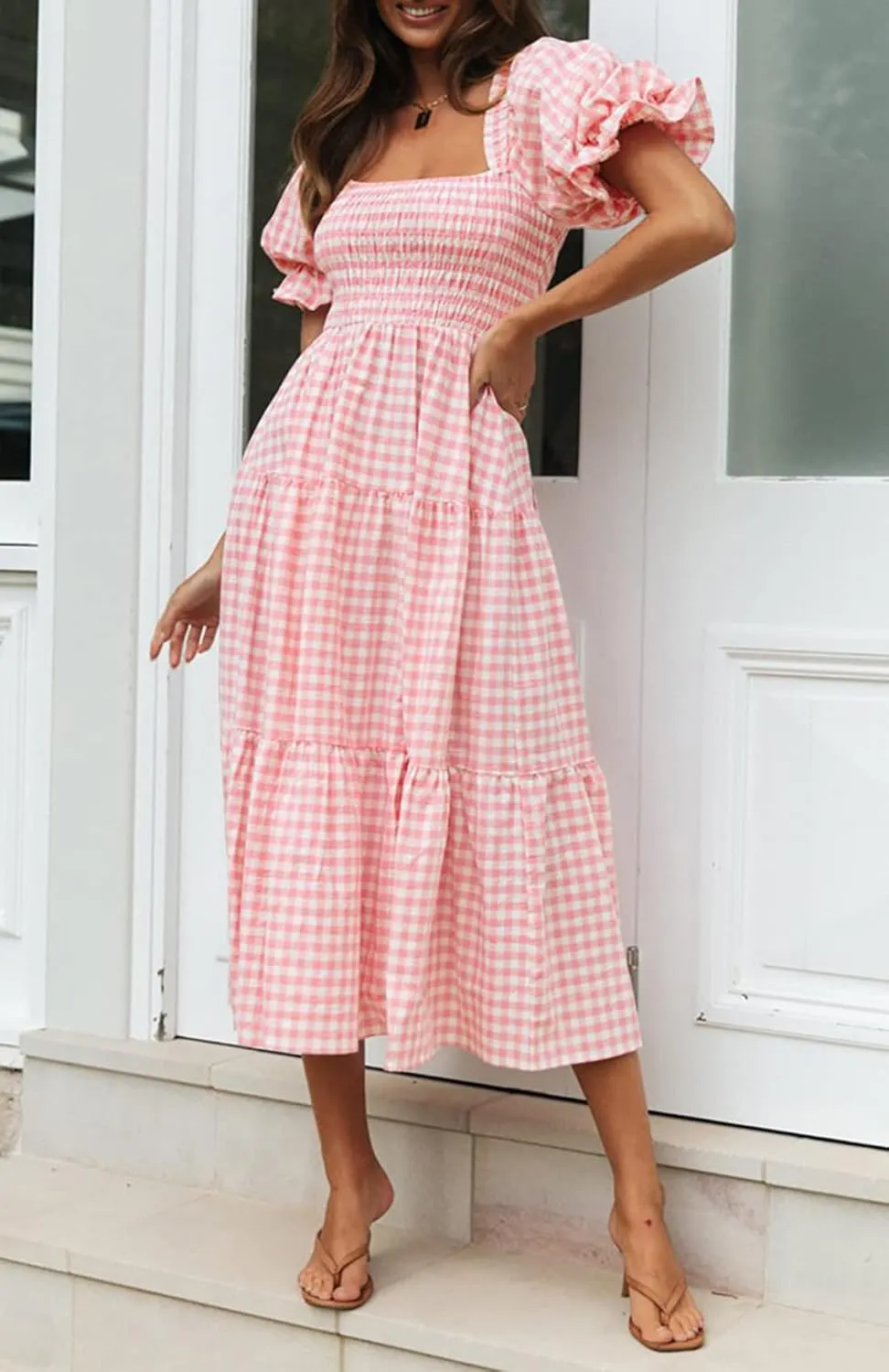 ZESICA Women's 2025 Bohemian Summer Plaid Square Neck Puff Sleeve Ruffle Flowy Beach Midi Dress