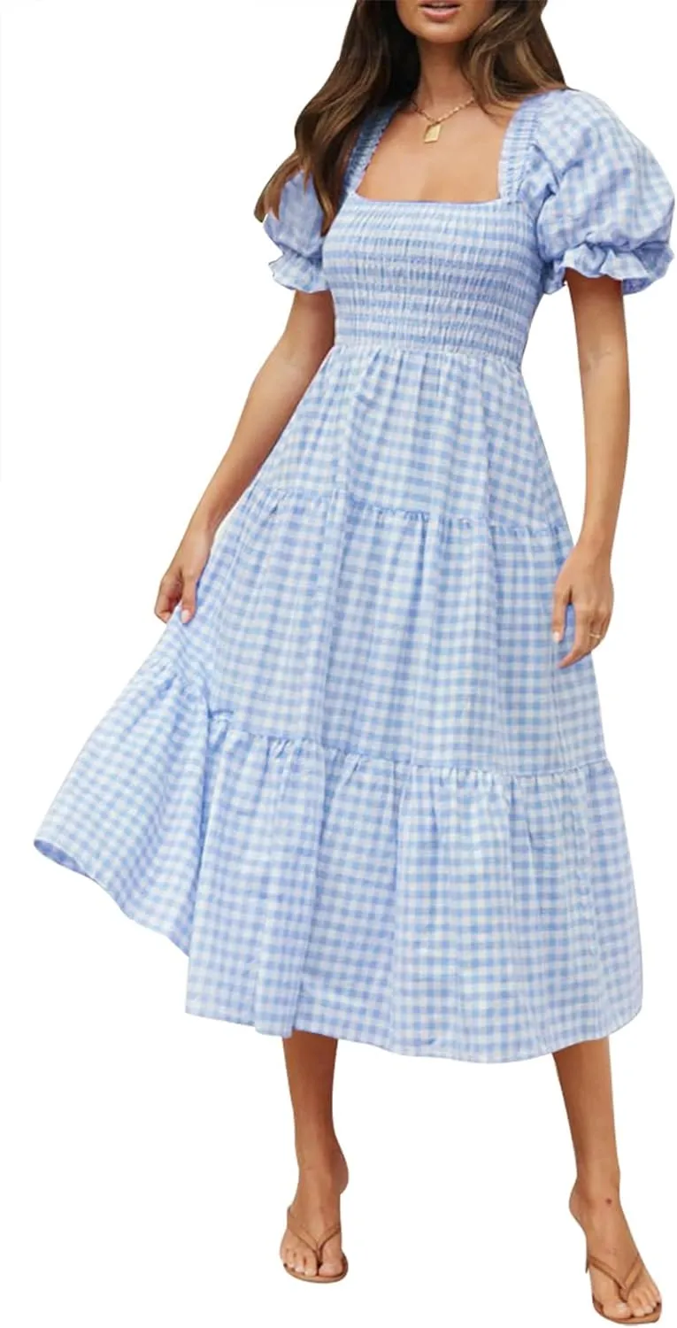 ZESICA Women's 2025 Bohemian Summer Plaid Square Neck Puff Sleeve Ruffle Flowy Beach Midi Dress