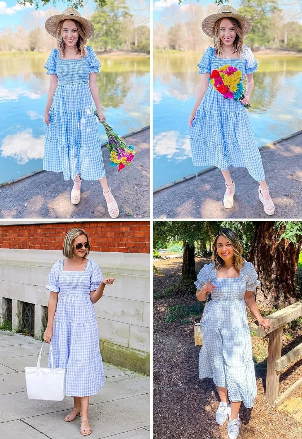 ZESICA Women's 2025 Bohemian Summer Plaid Square Neck Puff Sleeve Ruffle Flowy Beach Midi Dress