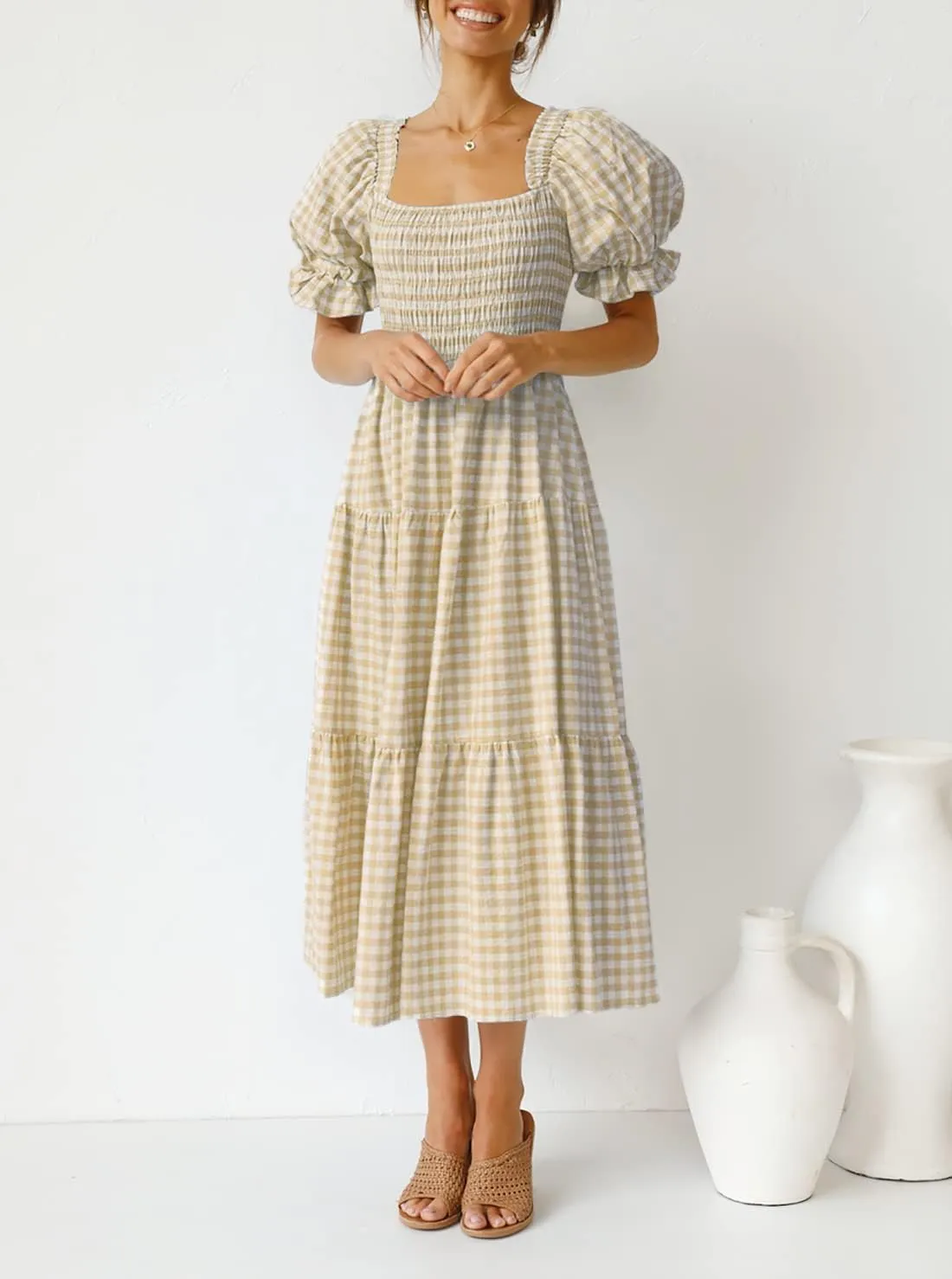 ZESICA Women's 2025 Bohemian Summer Plaid Square Neck Puff Sleeve Ruffle Flowy Beach Midi Dress