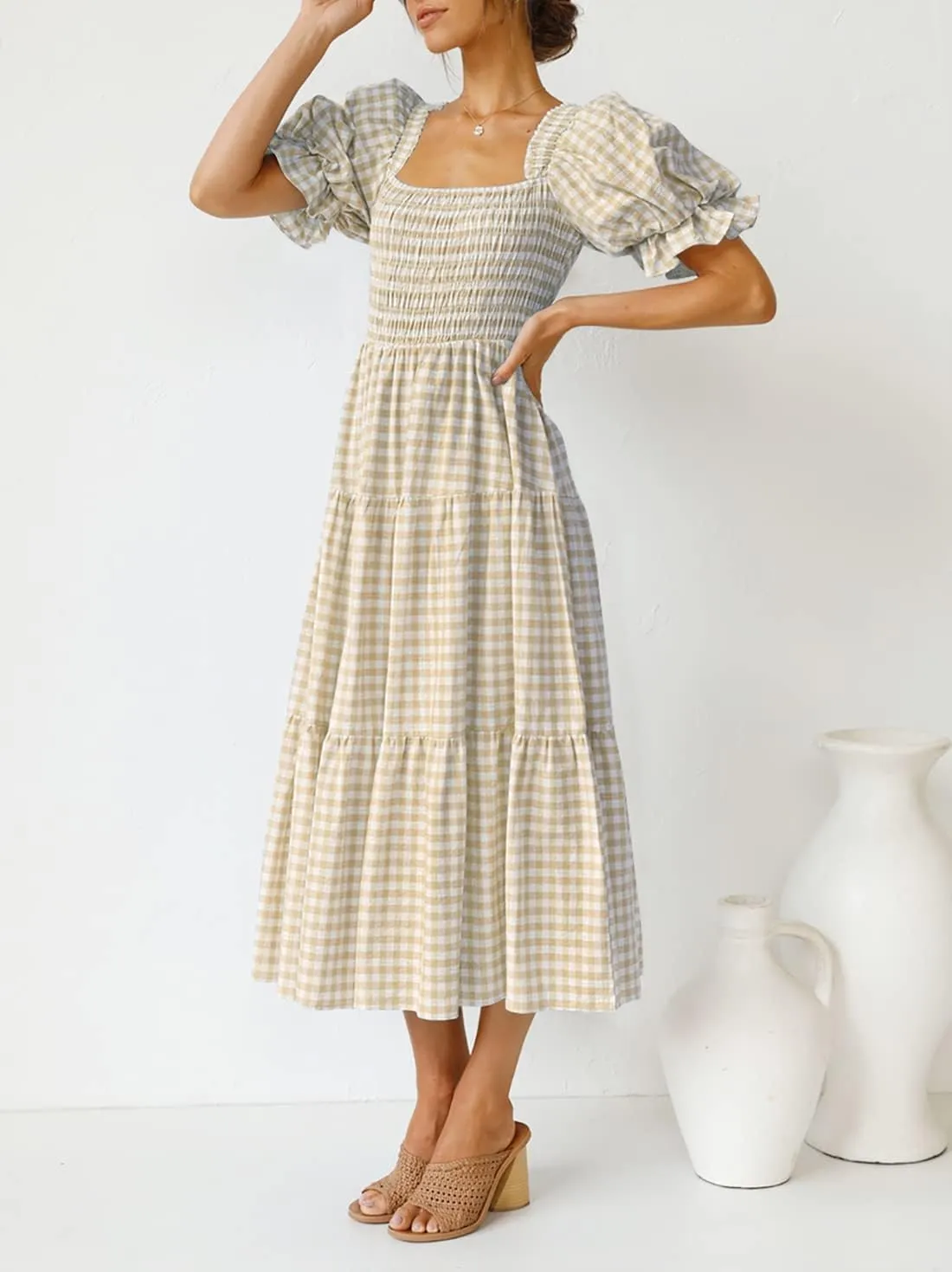 ZESICA Women's 2025 Bohemian Summer Plaid Square Neck Puff Sleeve Ruffle Flowy Beach Midi Dress