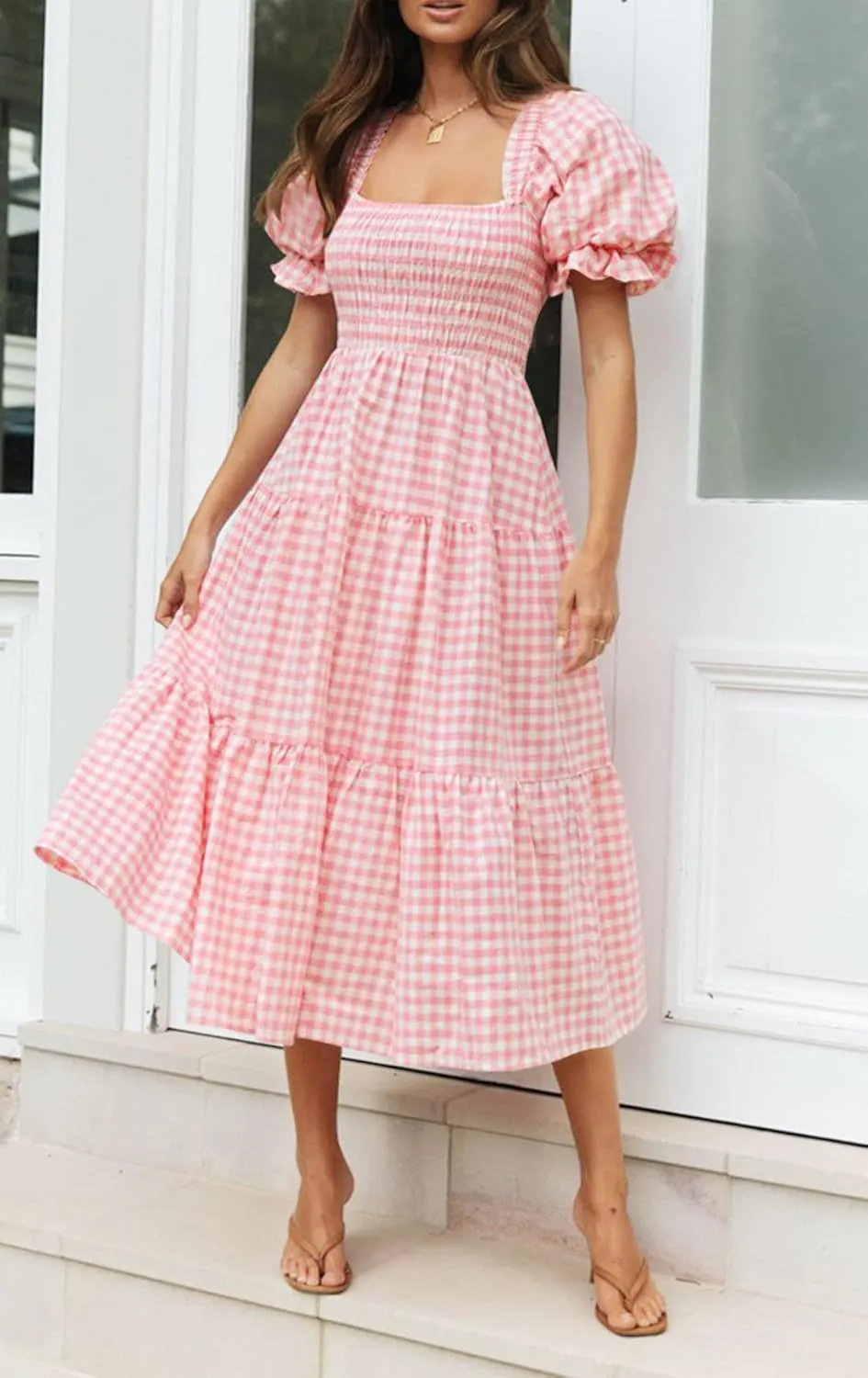 ZESICA Women's 2025 Bohemian Summer Plaid Square Neck Puff Sleeve Ruffle Flowy Beach Midi Dress