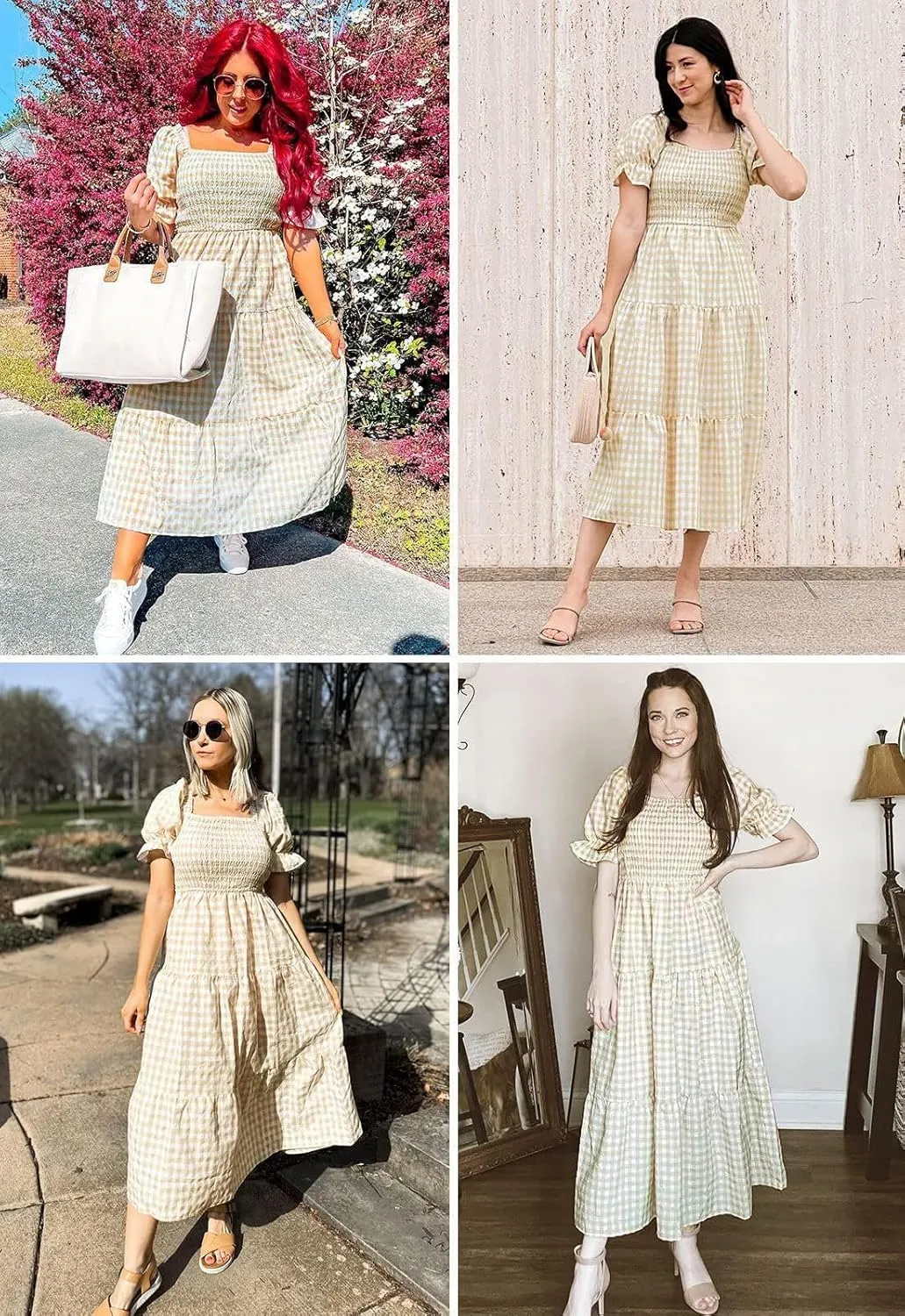 ZESICA Women's 2025 Bohemian Summer Plaid Square Neck Puff Sleeve Ruffle Flowy Beach Midi Dress