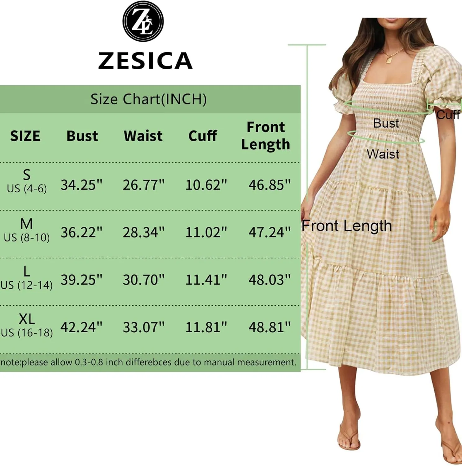 ZESICA Women's 2025 Bohemian Summer Plaid Square Neck Puff Sleeve Ruffle Flowy Beach Midi Dress