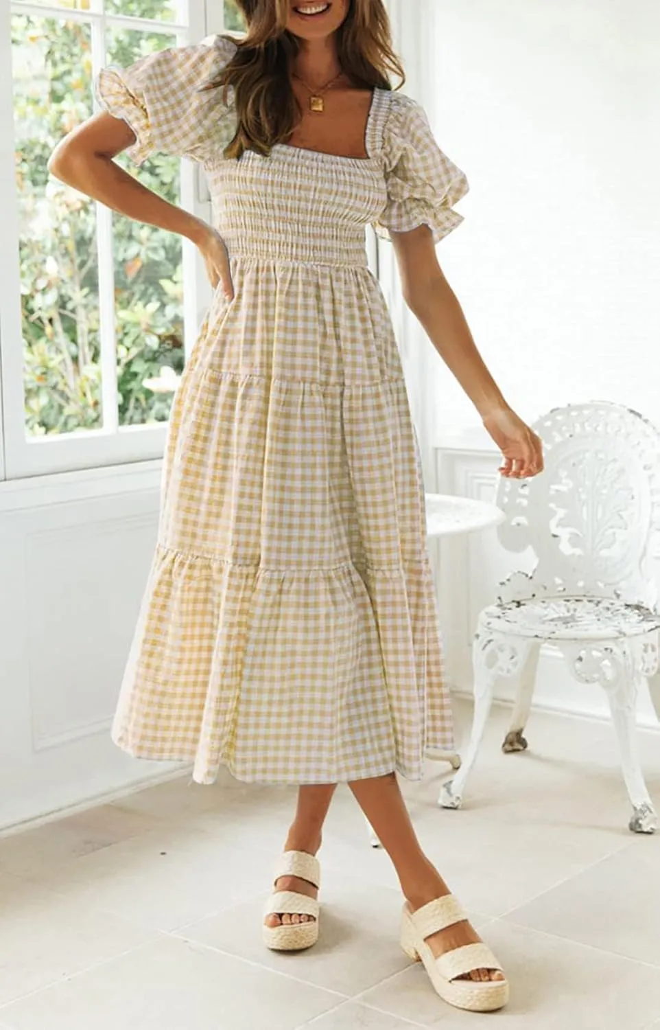 ZESICA Women's 2025 Bohemian Summer Plaid Square Neck Puff Sleeve Ruffle Flowy Beach Midi Dress