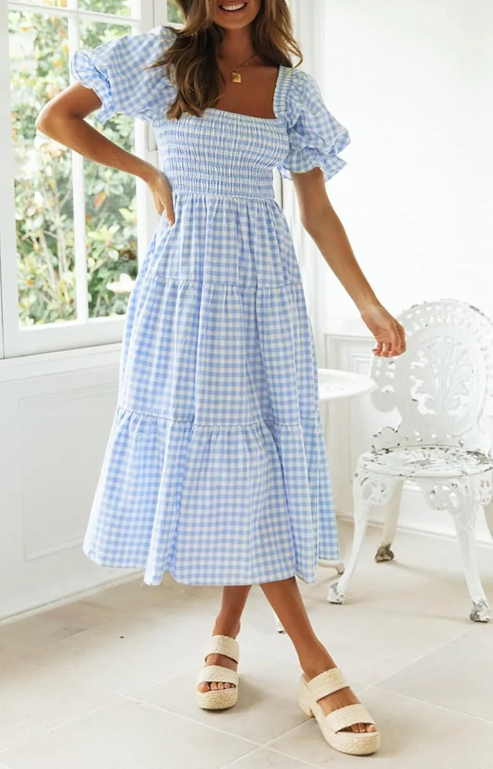 ZESICA Women's 2025 Bohemian Summer Plaid Square Neck Puff Sleeve Ruffle Flowy Beach Midi Dress
