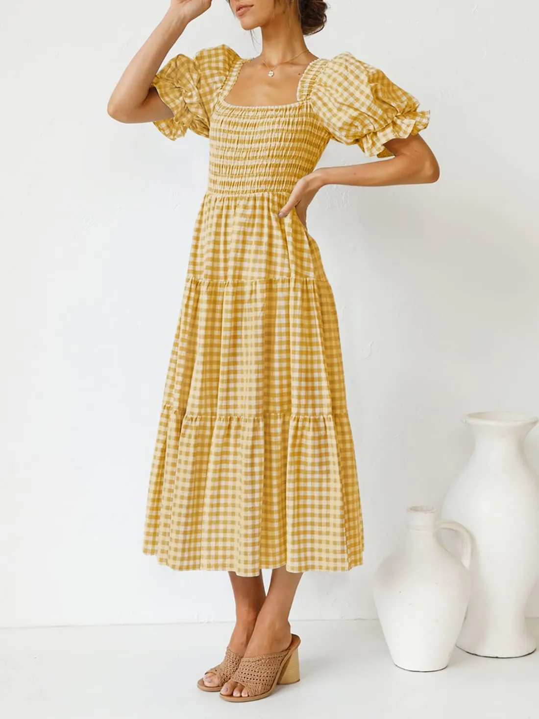 ZESICA Women's 2025 Bohemian Summer Plaid Square Neck Puff Sleeve Ruffle Flowy Beach Midi Dress