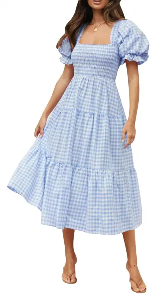 ZESICA Women's 2025 Bohemian Summer Plaid Square Neck Puff Sleeve Ruffle Flowy Beach Midi Dress