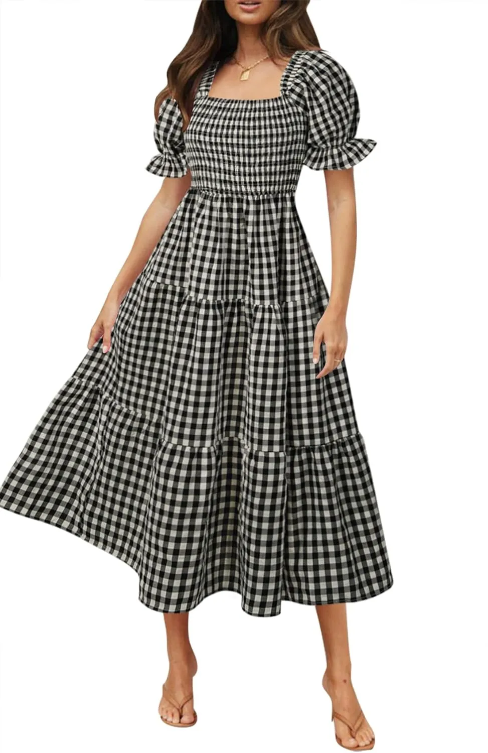ZESICA Women's 2025 Bohemian Summer Plaid Square Neck Puff Sleeve Ruffle Flowy Beach Midi Dress