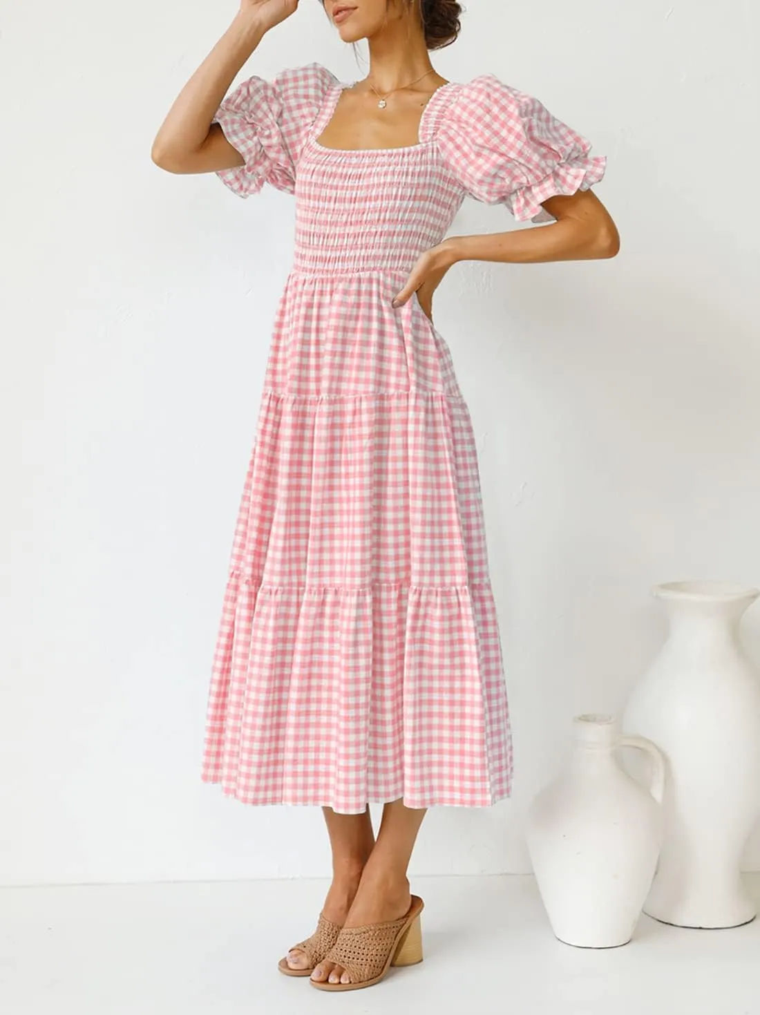 ZESICA Women's 2025 Bohemian Summer Plaid Square Neck Puff Sleeve Ruffle Flowy Beach Midi Dress